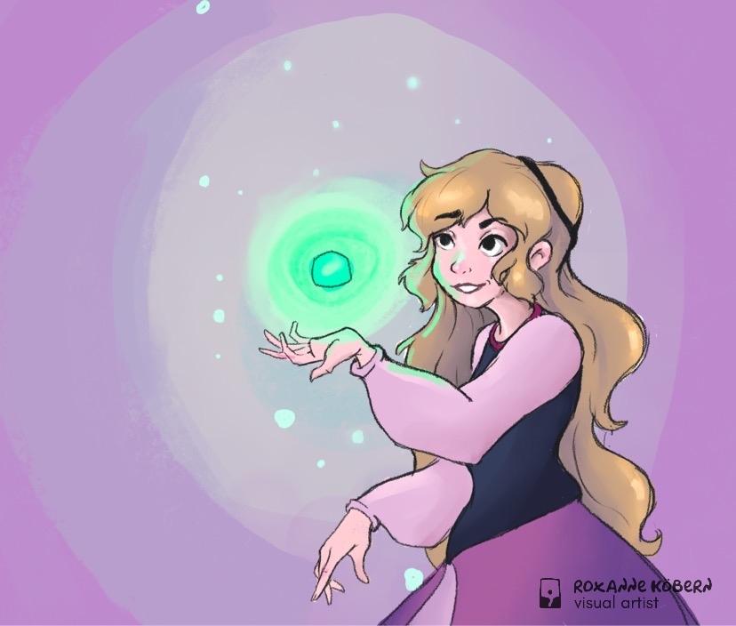 Eilonwy from The Black Cauldron holding glowing green ball against a purple background.