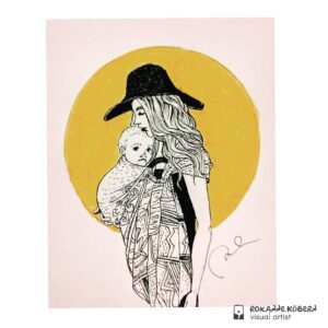 Pen and ink illustration of woman with long hair in a black hat wearing a baby sling kissing infant on forehead against a yellow sun.