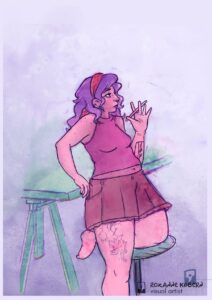 Digital illustration of a woman leaning against a turquoise desk with purple hair, red headband, pink shirt, and brown shorts holding pencil in hand.