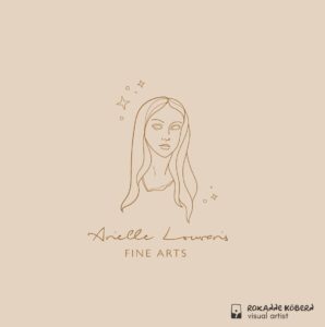 Outline of a girls face with long straight hair in the style of greek art surrounded with diamonds and sparkles. Text: Arielle Louvaris Fine Art