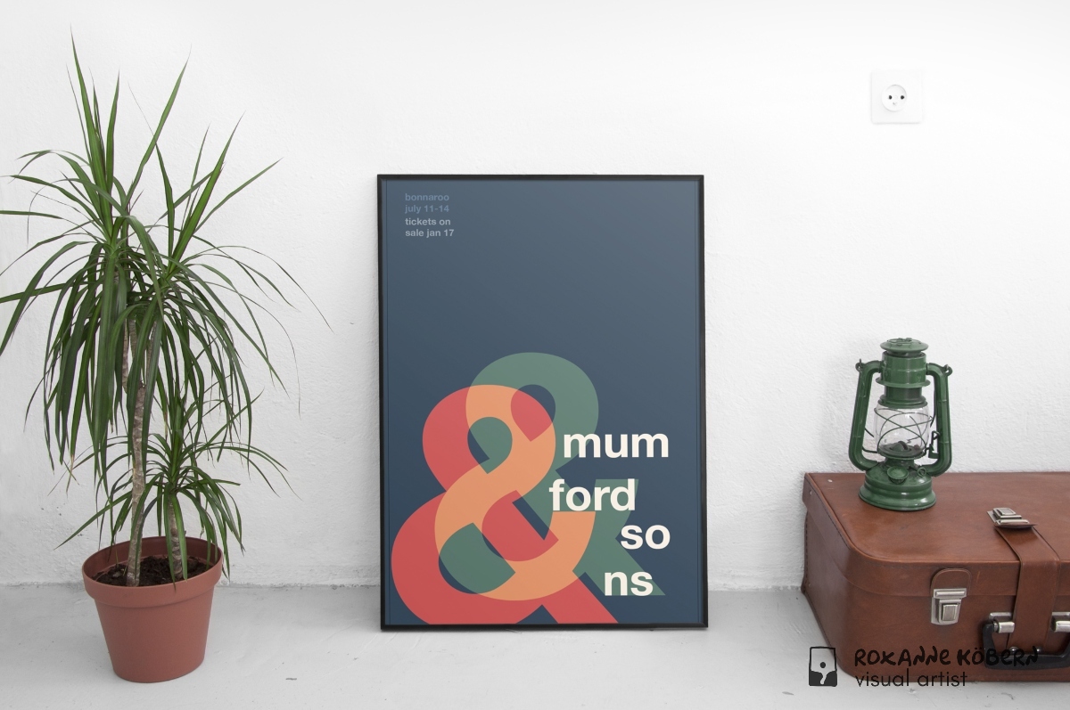 Poster Mockup of Mumford & Sons leaning against white wall with plant and briefcase with gas lantern.