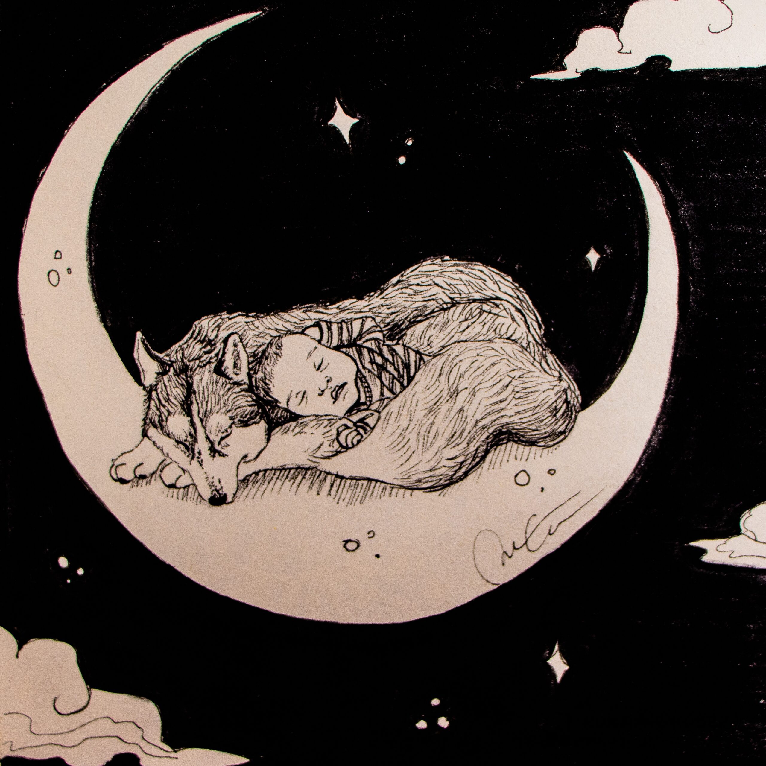 Pen and ink illustration of an infant child sleeping nestled against a wolf cradled in a crescent moon against a night sky with clouds a diamond shaped stars.